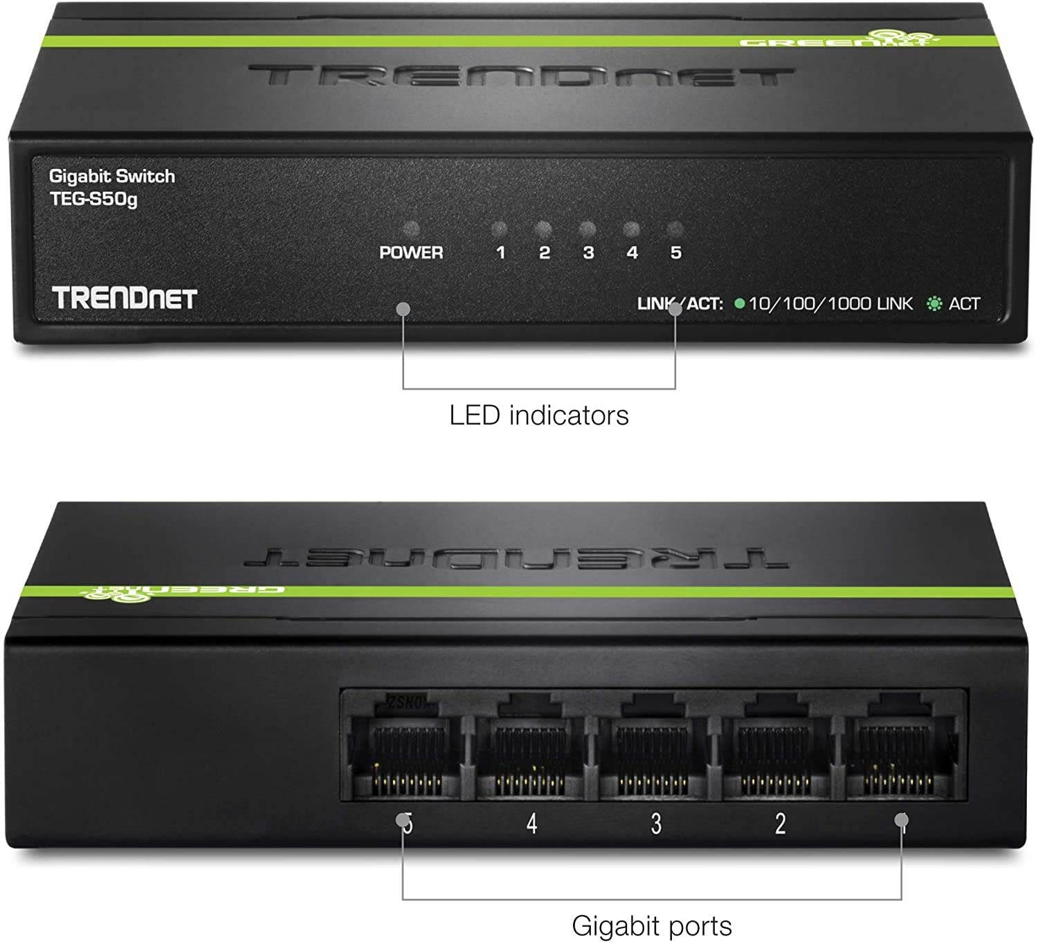 TRENDnet 5-Port Unmanaged Gigabit GREENnet Desktop Metal Switch, 20-Pack Bundle, Ethernet Network Switch, 5 x Gigabit Ports, Fanless, 10 Gbps Switching Fabric, Lifetime Protection, Black, TEG-S50g-20