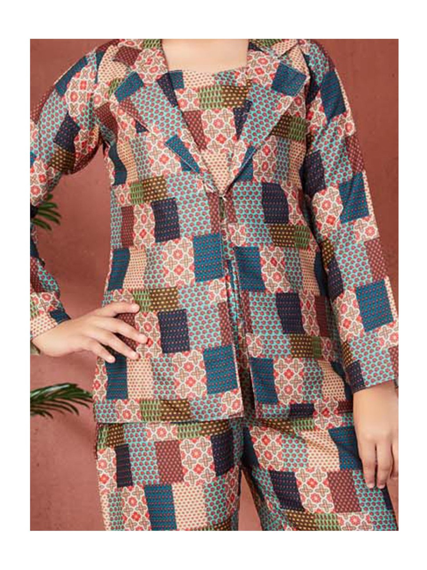 Aarika Girls Multicolor Printed Full Sleeves Crop Top, Pants with Coat