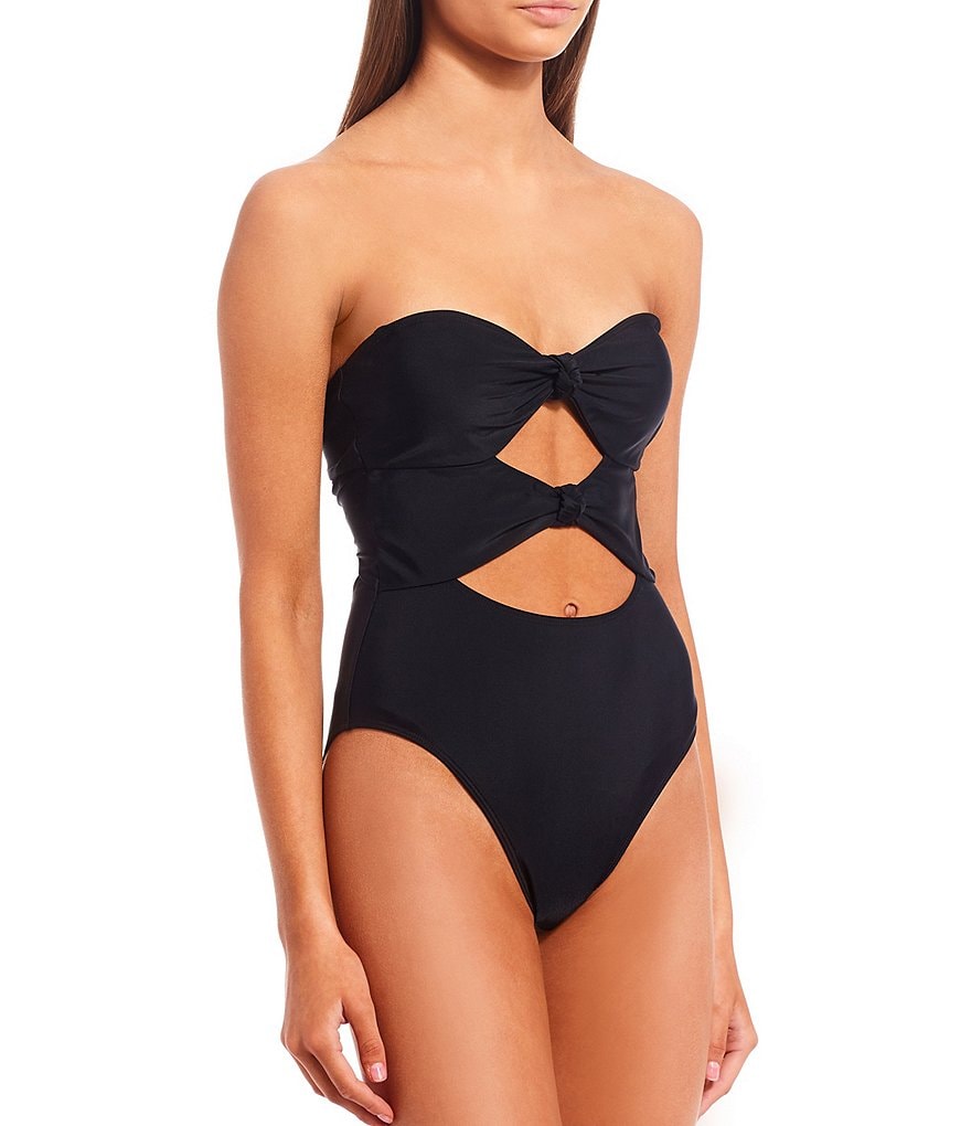 GB Solid Cutout Knotted Bandeau One-Piece Swimsuit