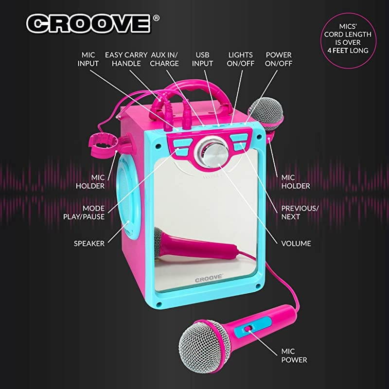 Karaoke Machine for Kids | Karoke Set with 2 Microphones | Bluetooth/AUX/USB Connectivity | Pink Kareoke Machine for Girls | Portable Singing Machine with Flashing Disco Lights