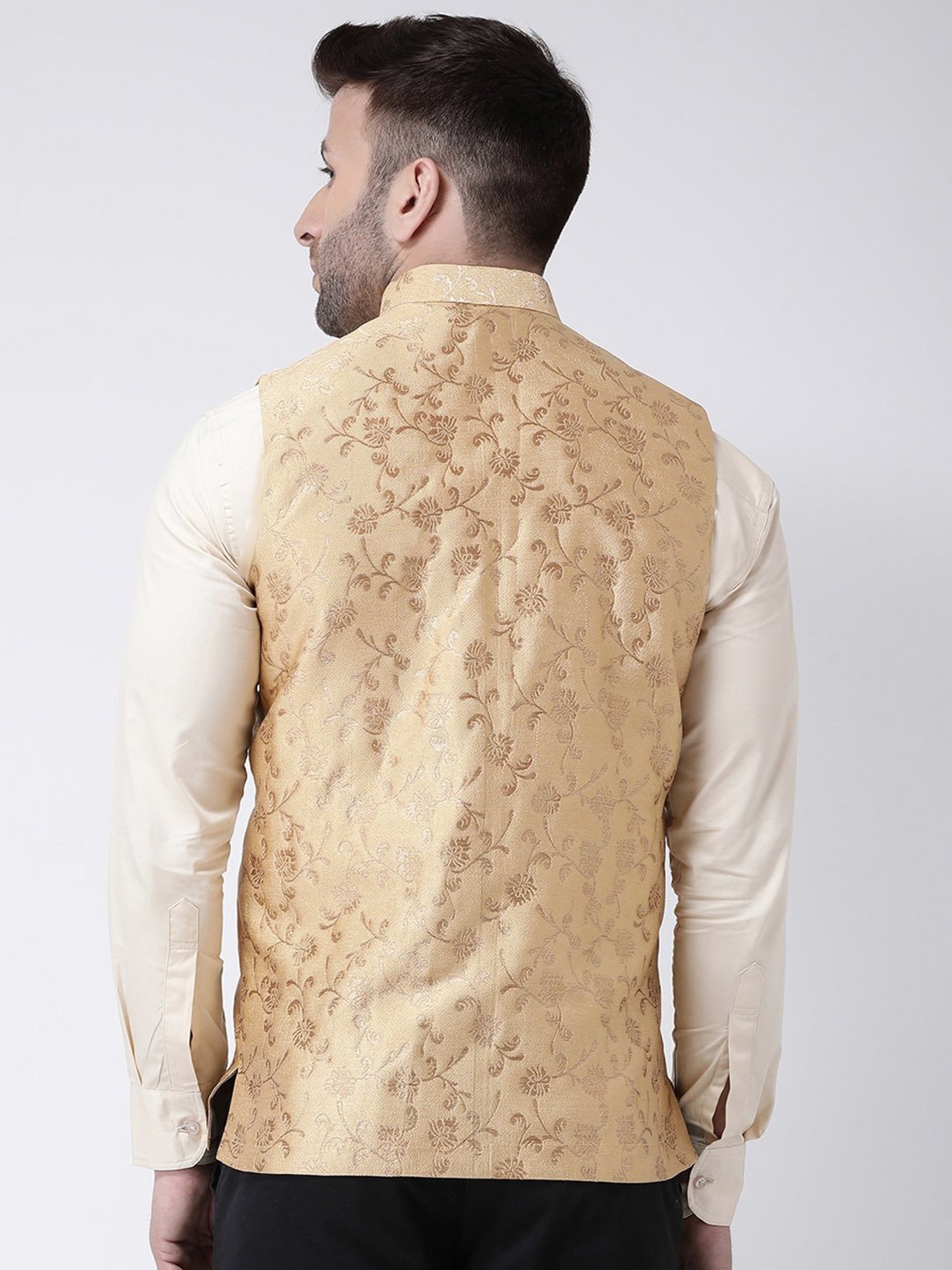 Hangup Plus Fawn Regular Fit Jacquard Nehru Jacket
