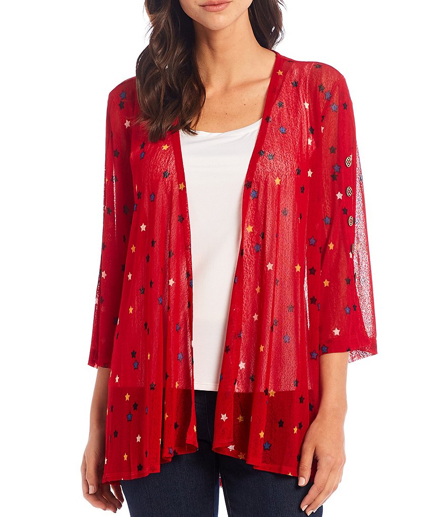 Ali Miles Petite Size Open Mesh Two Button Front 3/4 Sleeve Jacket