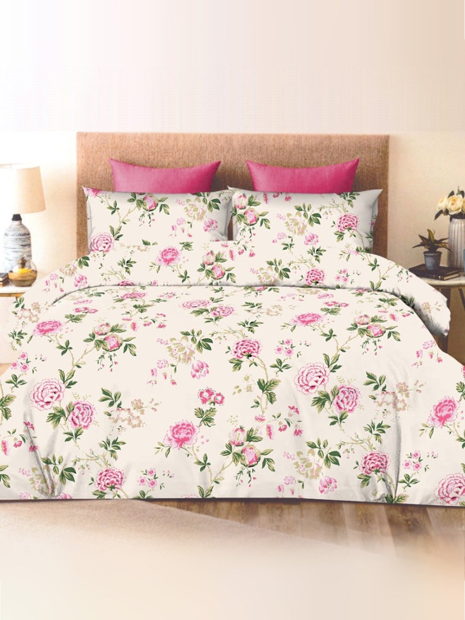 Ariana Tuscany Floral Pink 300 TC Cotton Super king Bedsheet with 2 Pillow Covers