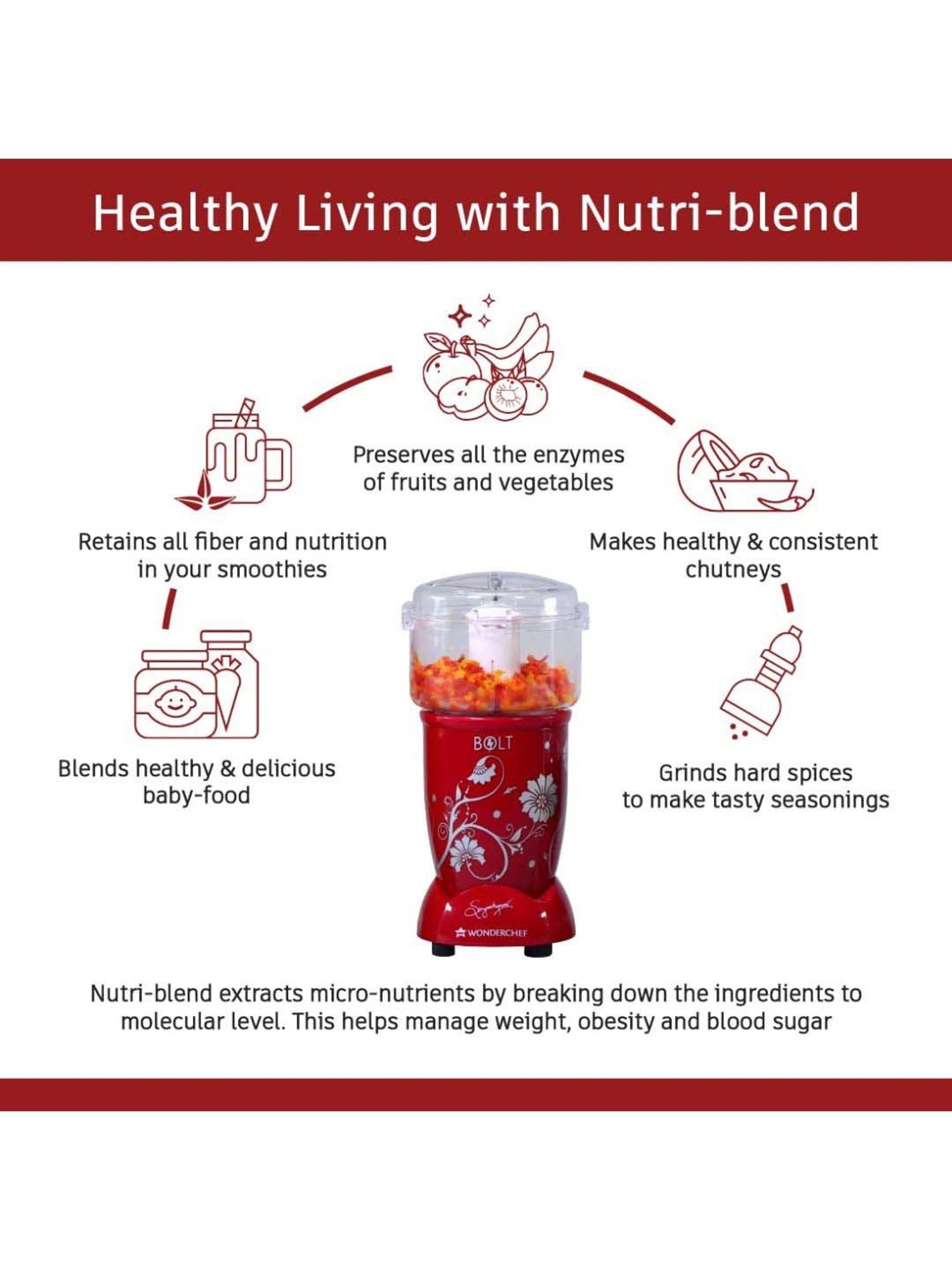 Wonderchef Nutri-blend BOLT CKM 22000 RPM Blender & Chopper with 4 Jars & Sipper lid (600W, Red)