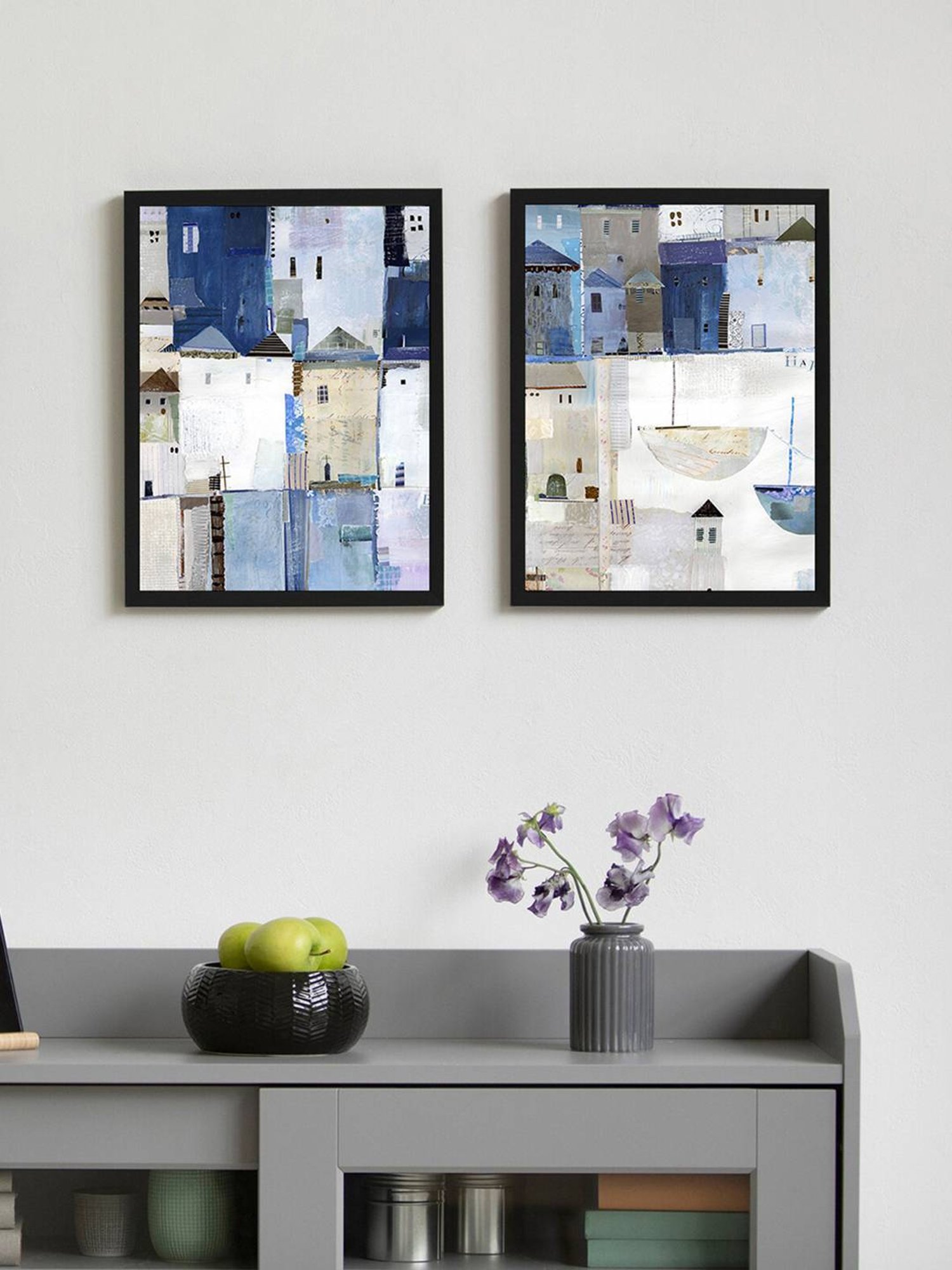 Art Street Gray City Landscape Printed Blue Engineered Wood Wall Art (Set of 2)