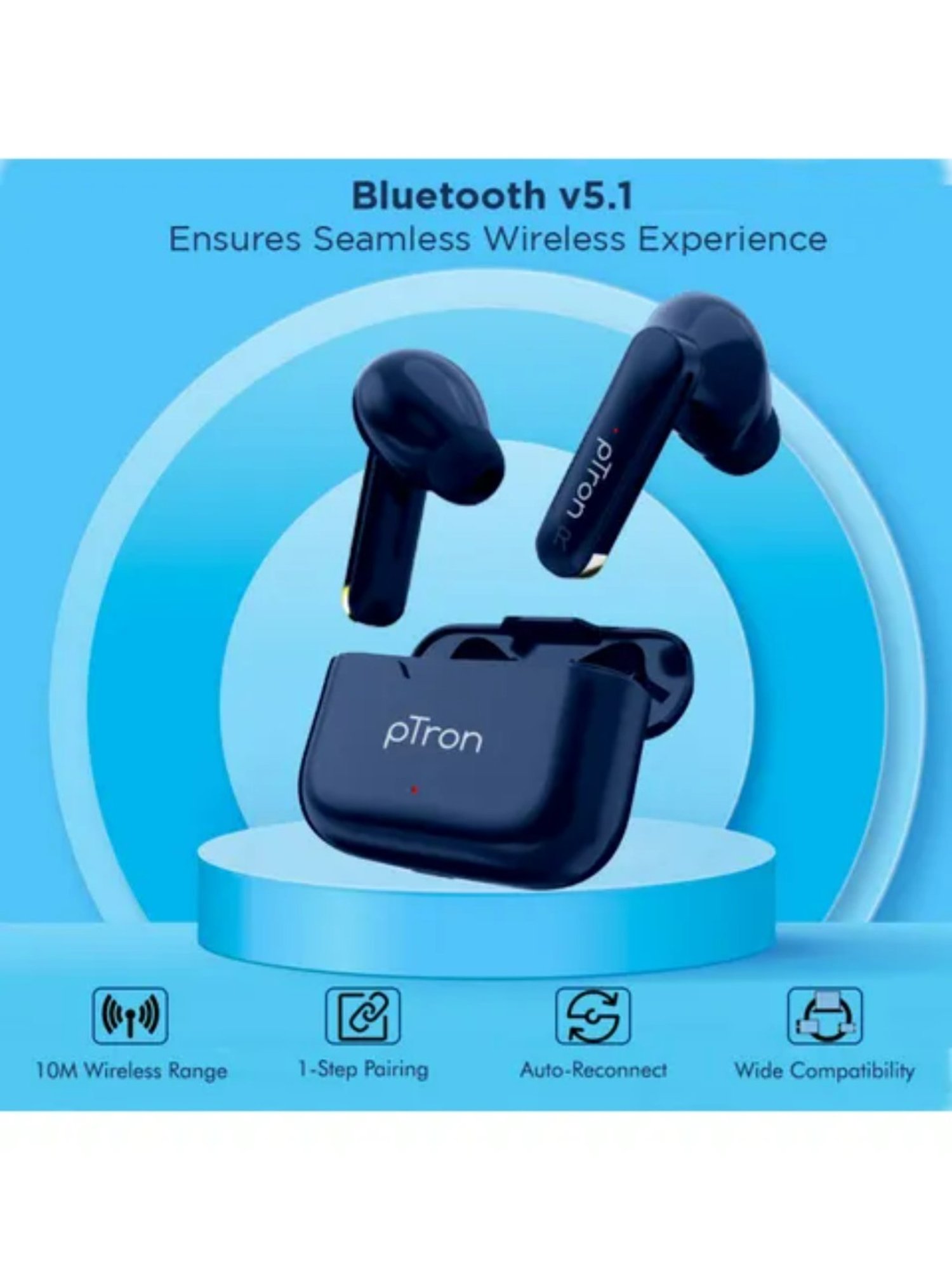 PTron Bassbuds Duo Bluetooth 5.1 Wireless Earbuds Stereo Audio Touch Control (Blue)