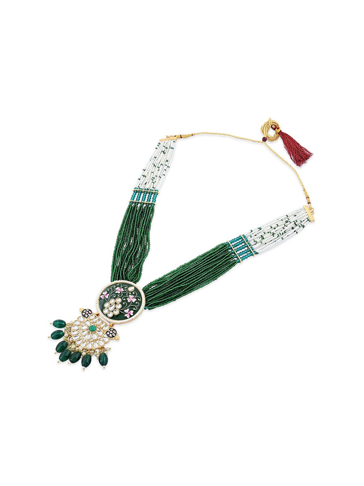 Zaveri Pearls Green Pink Meenakari Multistrand Beaded Kundan Necklace Earring Ring Set-ZPFK15624