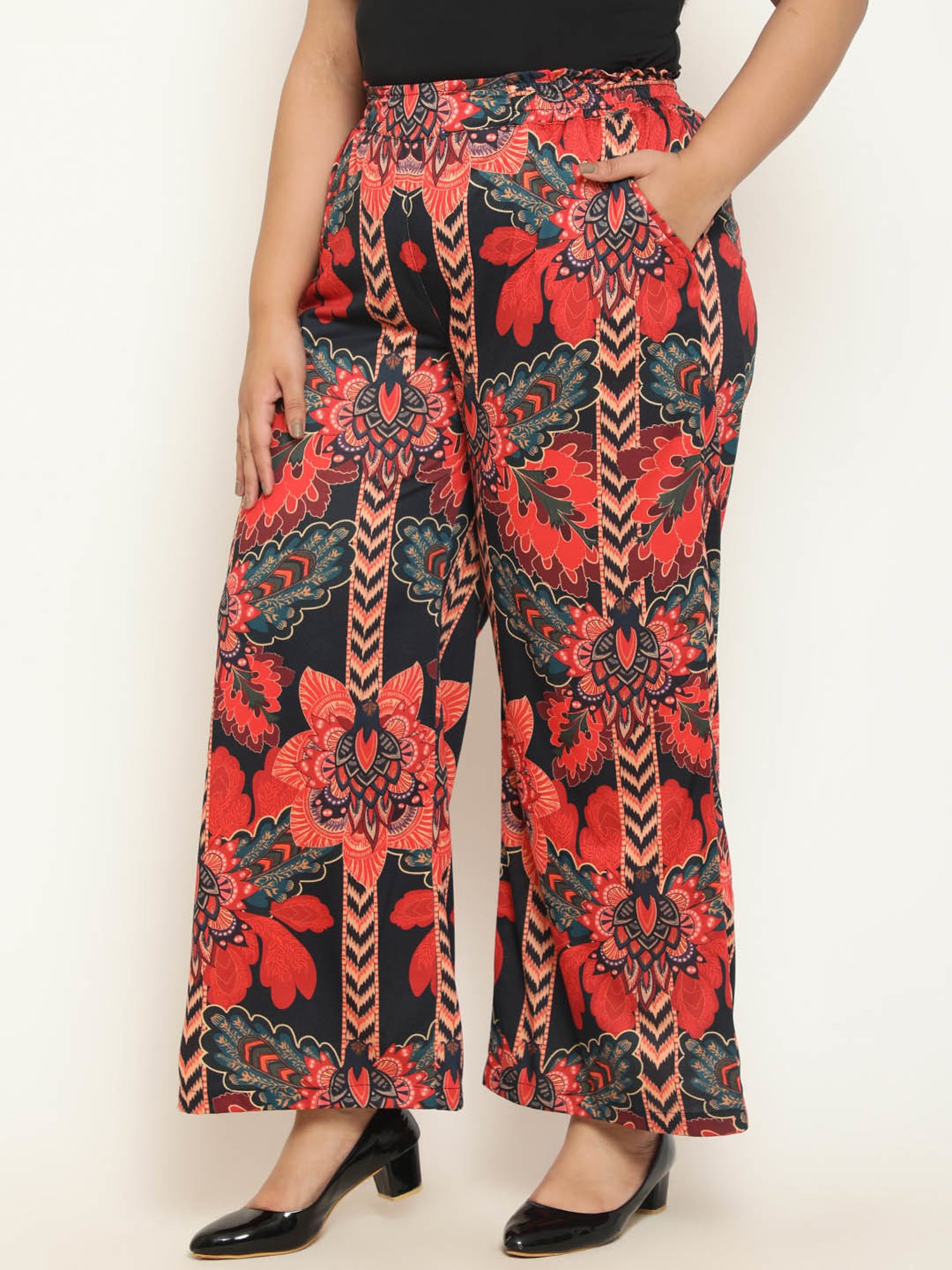 Amydus Black & Red Floral Print Regular Fit High Rise Pants