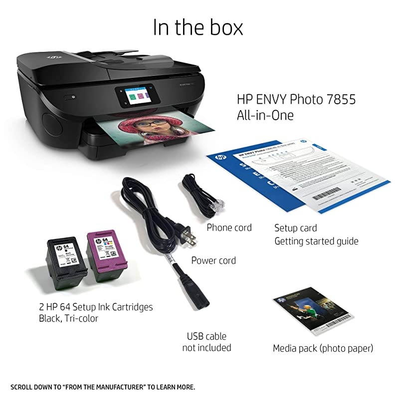 ENVY Photo 7855 All In One Photo Printer with Wireless Printing, Instant Ink Ready (K7R96A) (Renewed)