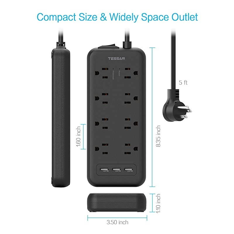 Strip Surge Protector TESSAN 8 Outlets with 3 USB Ports 5Ft Extension Cord Flat Plug Overload Surge Protection Outlet Strip Wall Mount for Home and Office Black