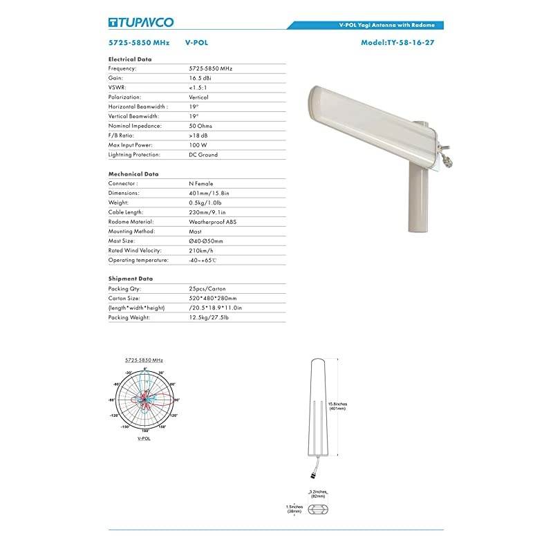 TP543 Yagi WiFi 58Ghz Antenna 16dBi with Radome H19&deg; V19&deg; Outdoor Directional Wireless Antenna NFemale Cable