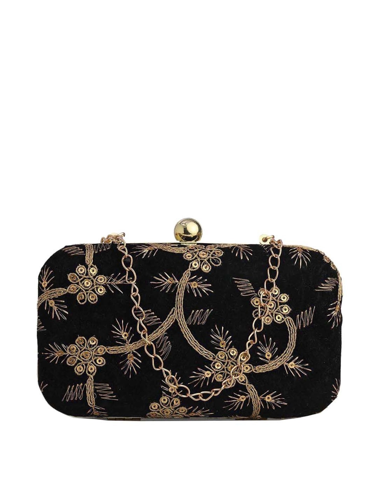 Gaurapakhi Black Embroidered Minaudiere Clutch