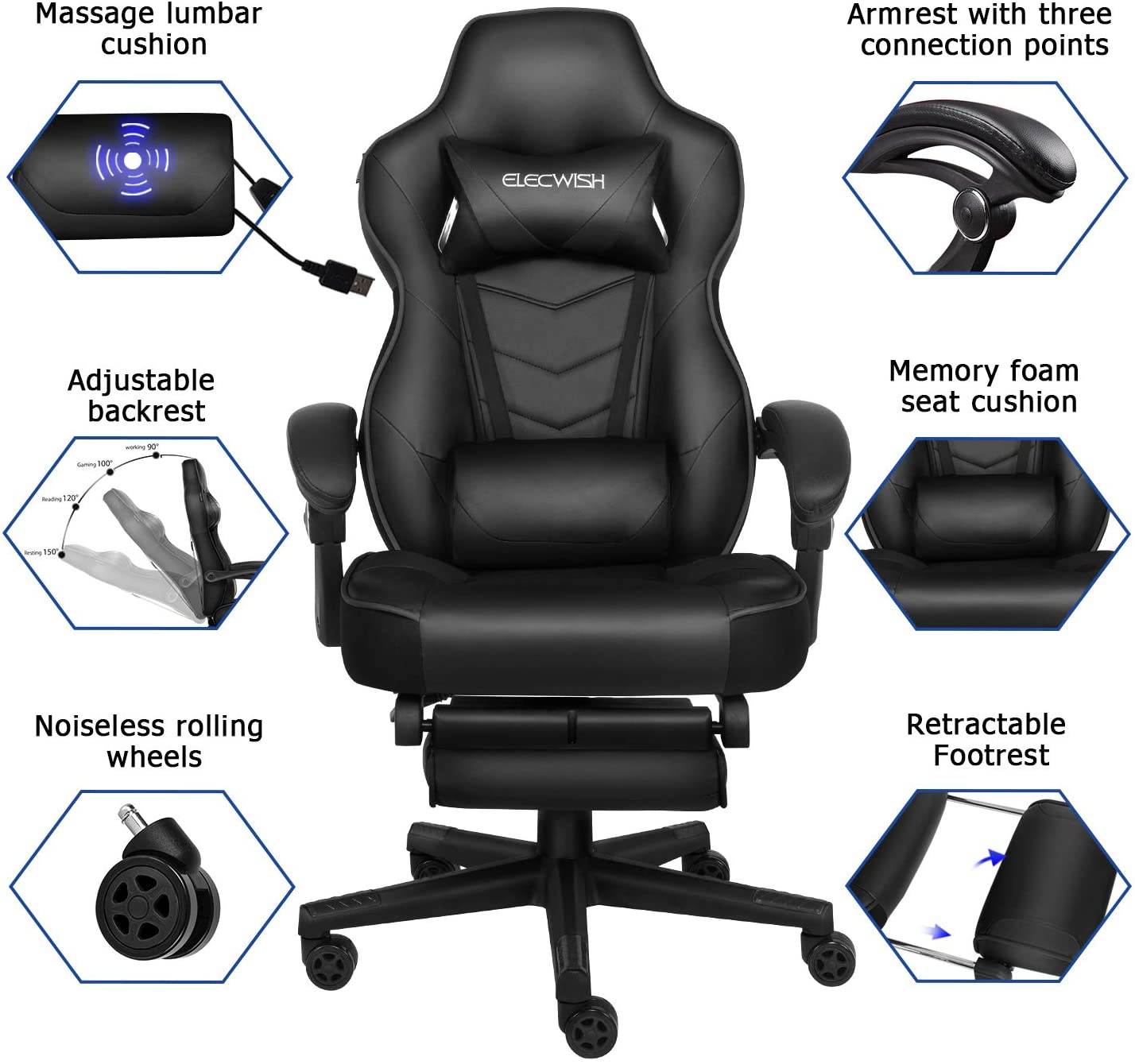 Ergonomic Computer Gaming Chair, PU Leather High Back Office Racing Chairs with Widen Thicken Seat and Retractable Footrest and Lumbar Support Video Game Chair 170 Degree Reclining