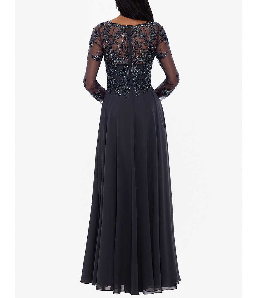 Xscape Jewel Neck Long Sleeve Beaded Bodice Chiffon Gown