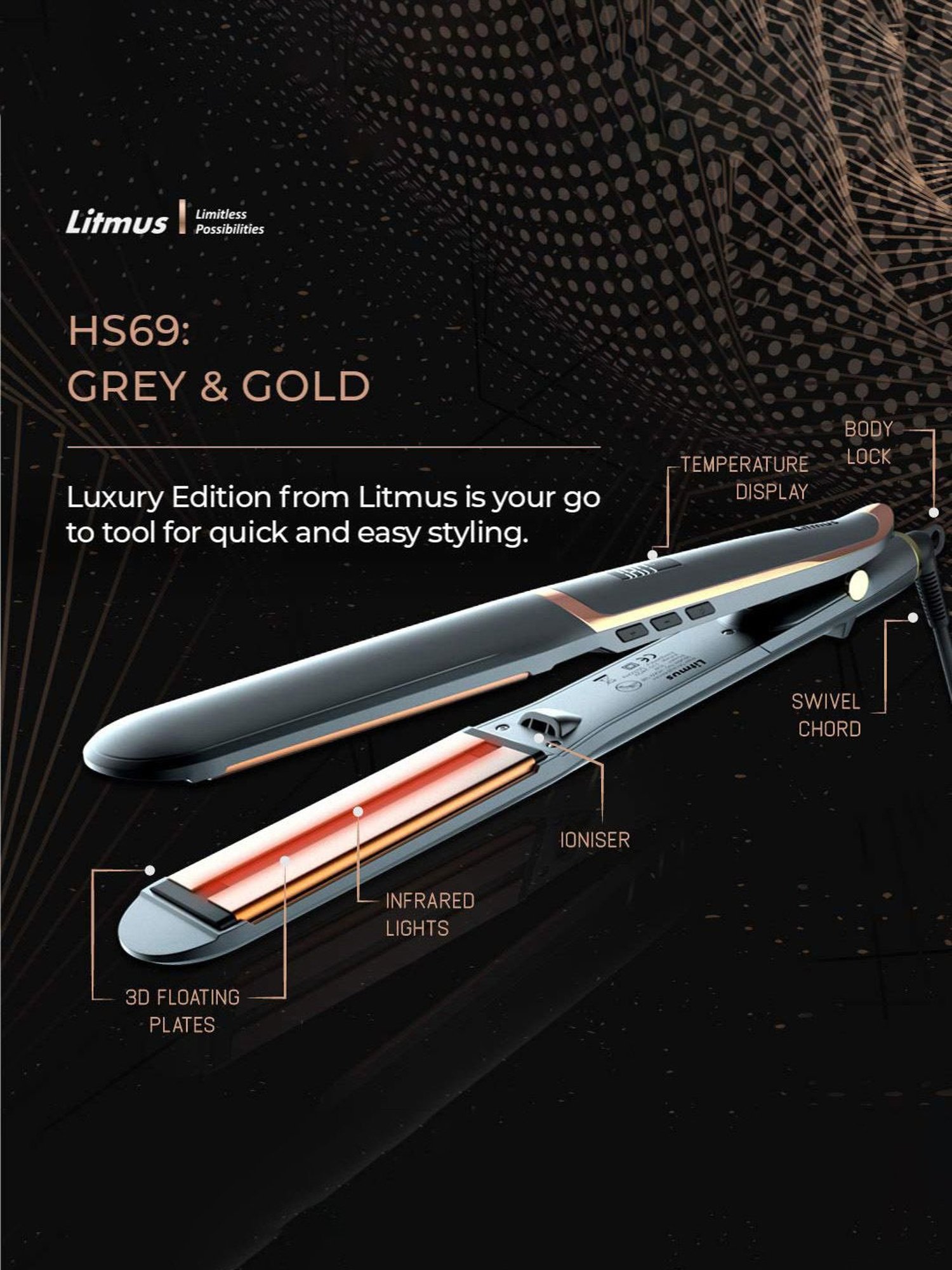 Litmus Infrared HS-69 Hair Straightener (Grey/Gold)