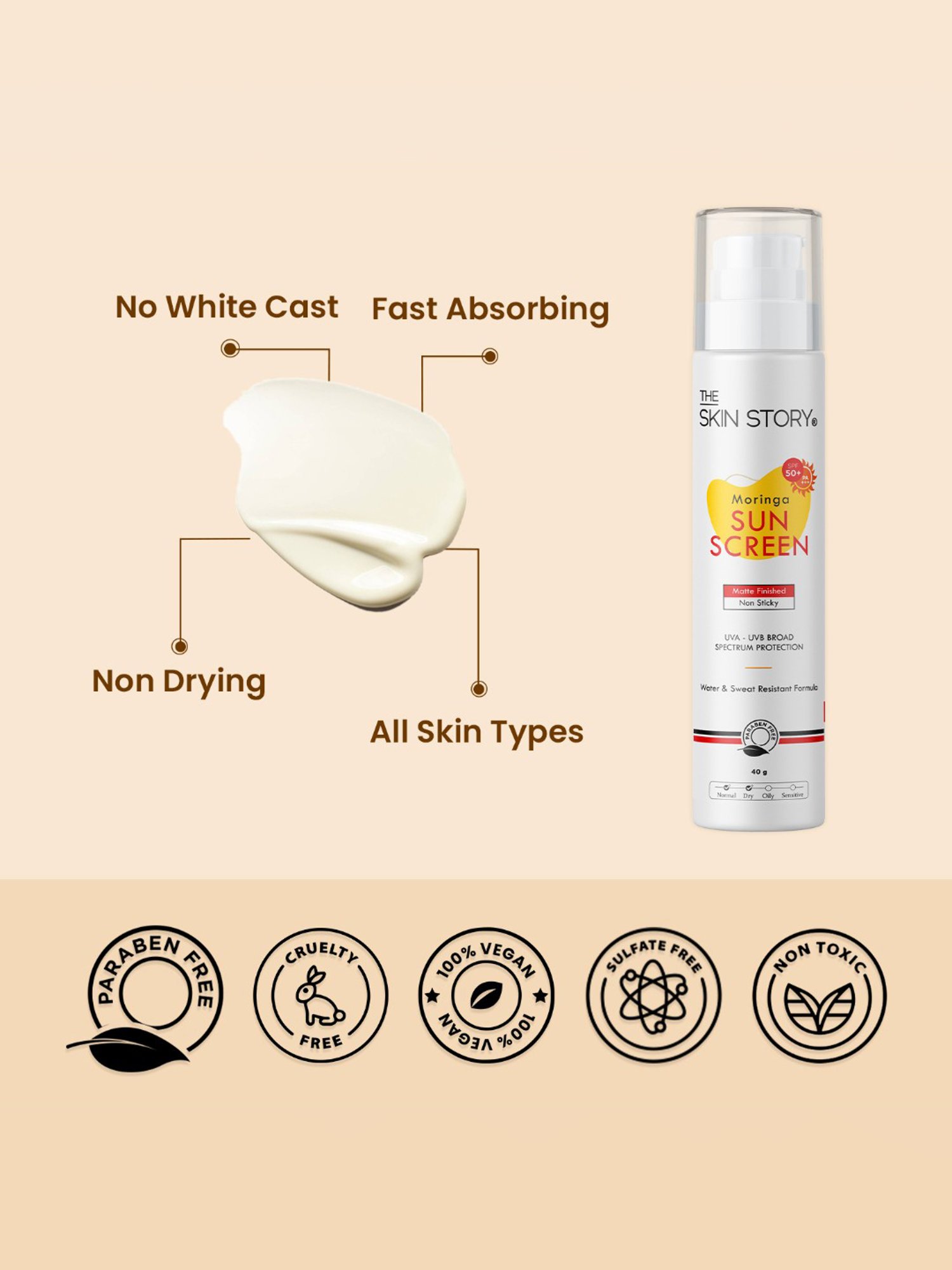 The Skin Story Moringa Water & Sweat Resistant Formula Sunscreen SPF 50 - 40 gm