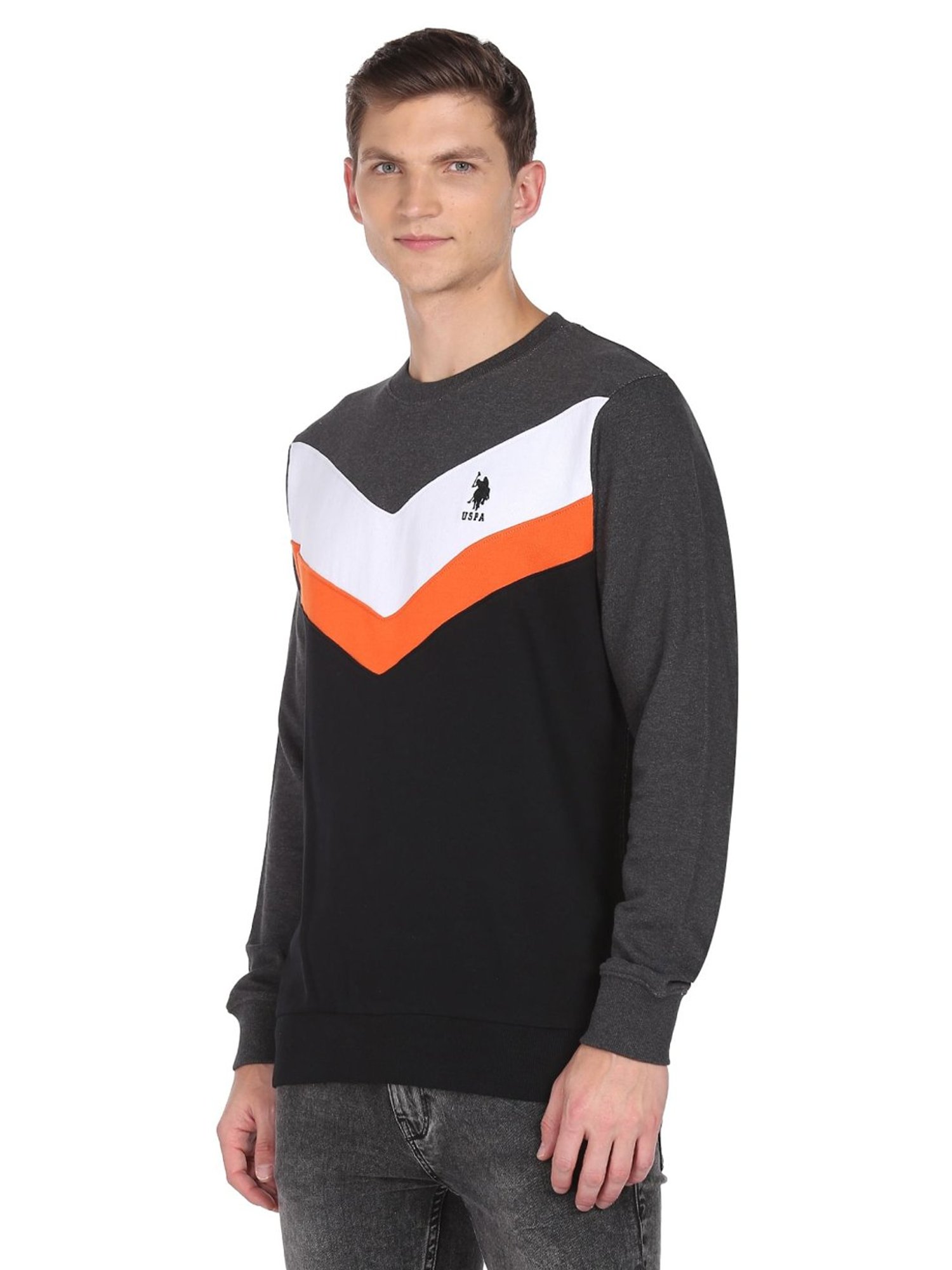 U.S. Polo Assn. Grey And Black Cotton Regular Fit Colour Block Sweatshirt