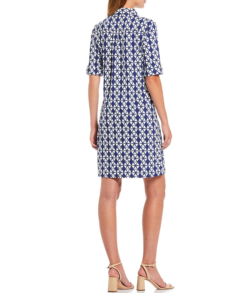 J.McLaughlin Lawrence Geo Diamond Print Knit Roll-Tab Elbow Sleeve Shirtdress