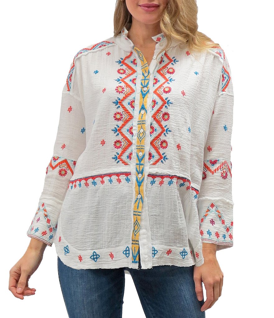 Calessa Floral Embroidered Round Neck Short Sleeve Tunic