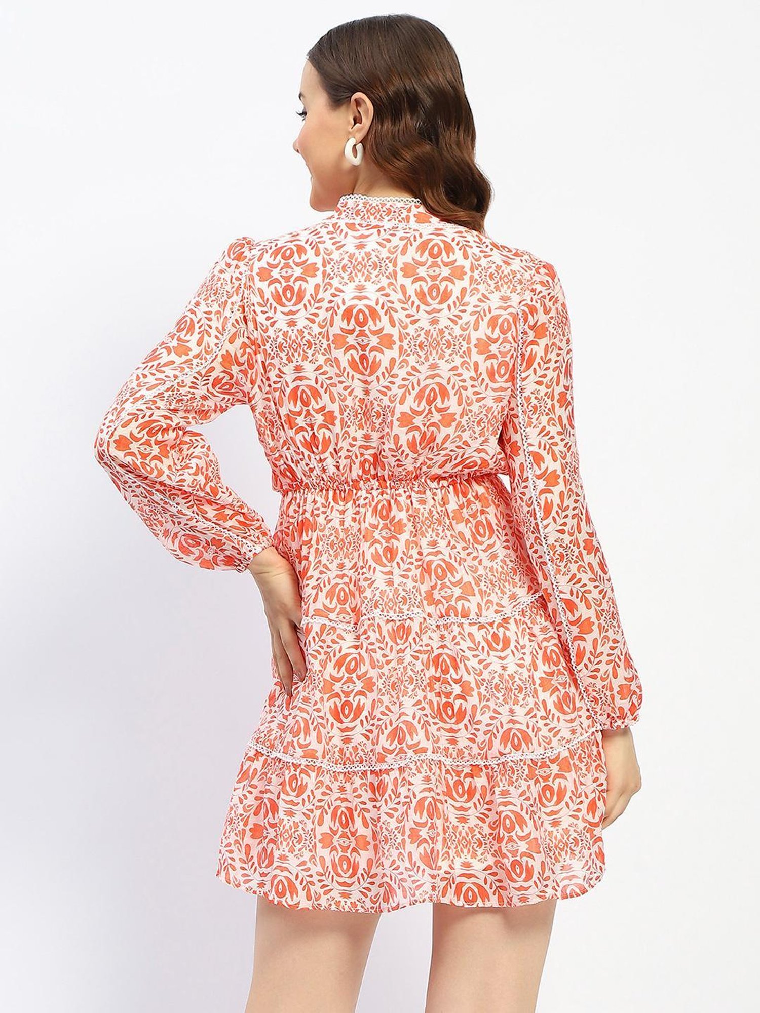 MADAME Orange & White Cotton Printed Fit & Flare Dress
