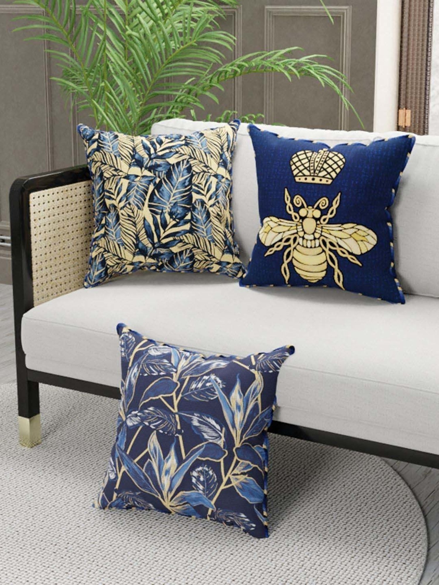 Bianca Suzane Navy & Gold Micro Fiber Reversible Printed Cushion Covers - Set of 3