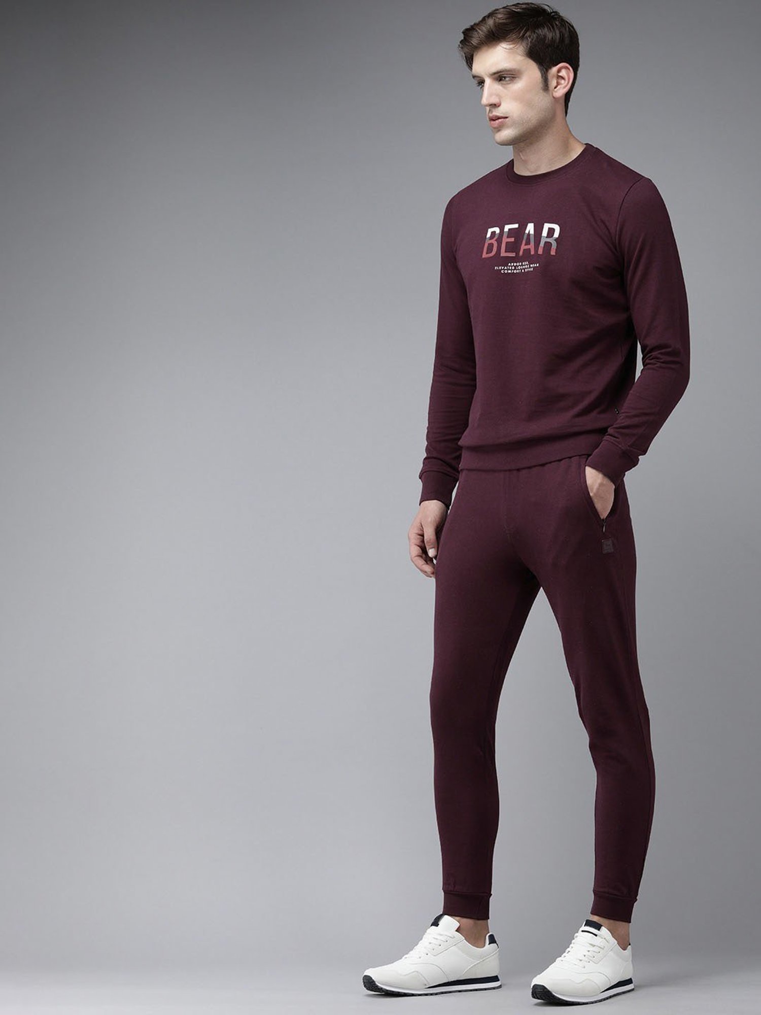 The Bear House Maroon Cotton Slim Fit Graphic Print Tracksuit