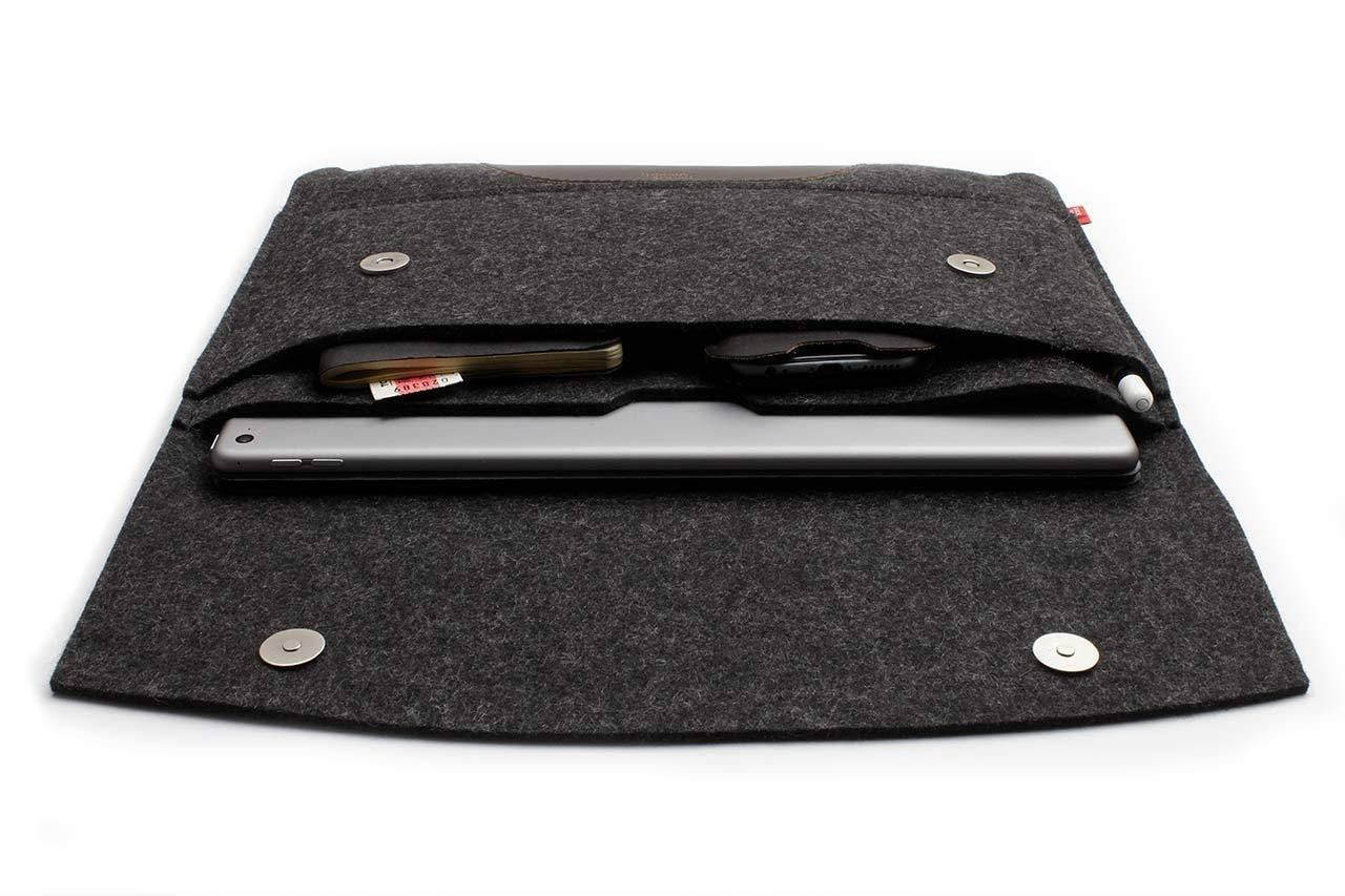 Pack & Smooch Hampshire Pro 12.9 + Keyboard | 100% German Merino Wool Felt and Italian Vegetable Tanned Leather - Dark Grey/Dark Brown