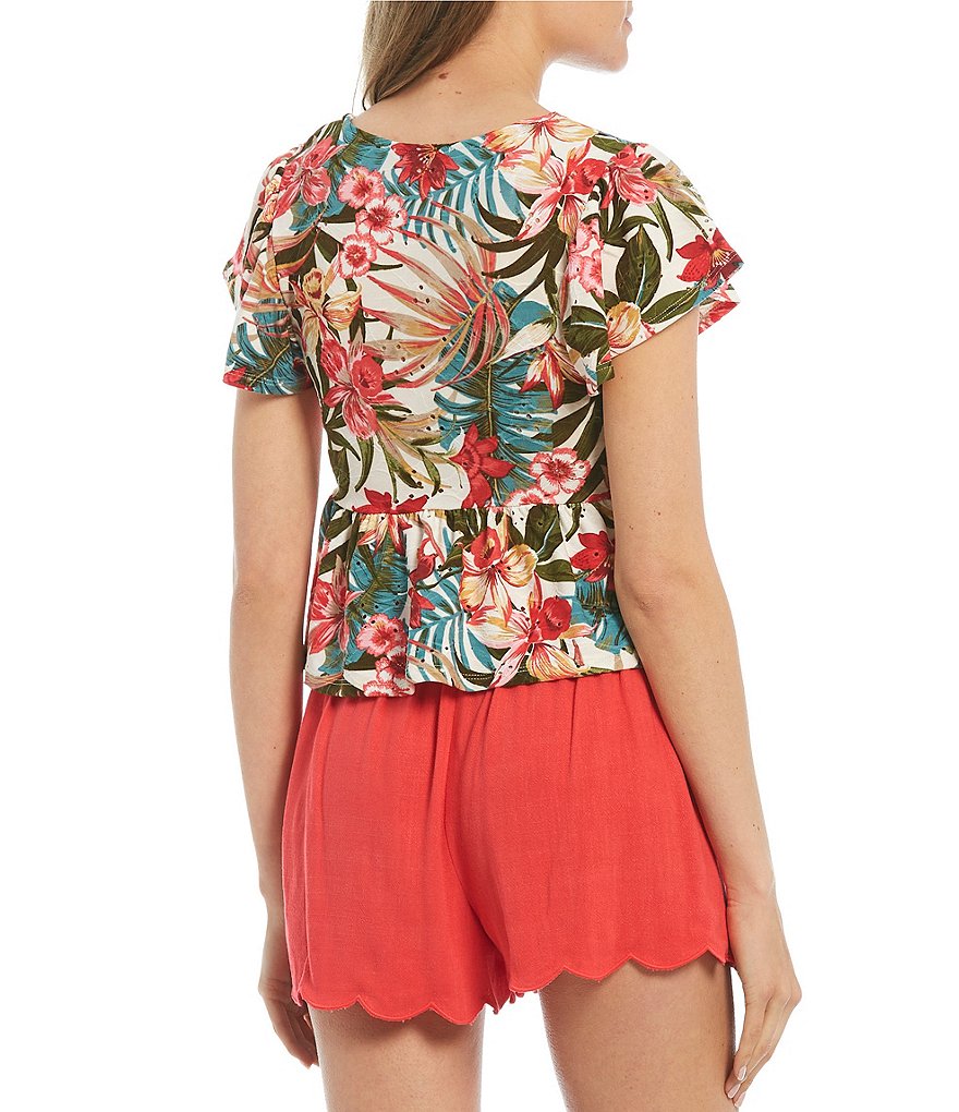 Evolutionary Flutter Sleeve V-Neck Tropical Print Top