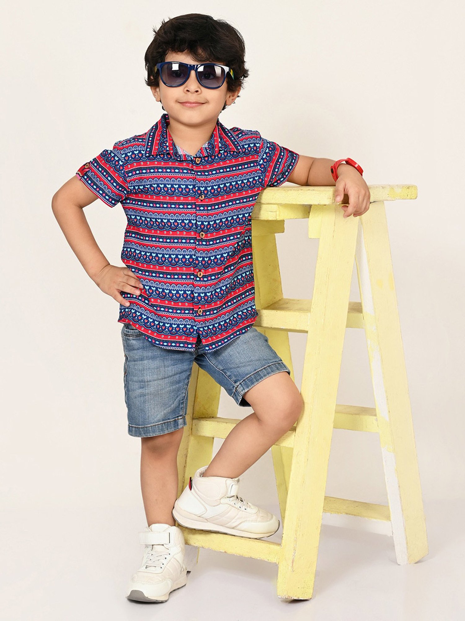Lil Drama Boys Blue & Red Printed Shirt