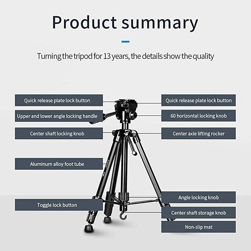 Portable Tripod Stand Aluminum Alloy 5kg/11lbs Load Capacity Max. Height 148cm/58.2in with 3-Way Tripod Head Middle Axis Black