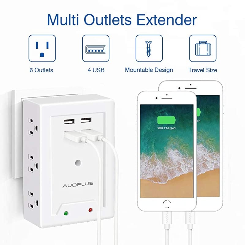 Outlet Wall Adapter AUOPLUS Power Strip with 6 AC Outlets and 4 USB Ports5V31A Mountable Grounded Surge Protector Portable Outlet Extender for TV Computer Laptops Smartphone Home Office
