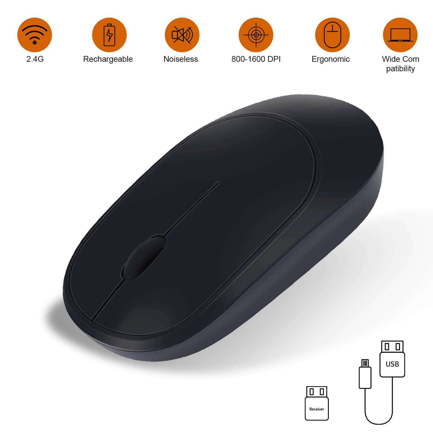 Anivia Rechargeable Wireless Mouse 2.4G Slim Silent Mouse Portable Computer Mice with USB Receiver, Portable Ultra-Thin Noiseless Mouse for Notebook, PC, Laptop, Computer, MacBook &ndash; Black