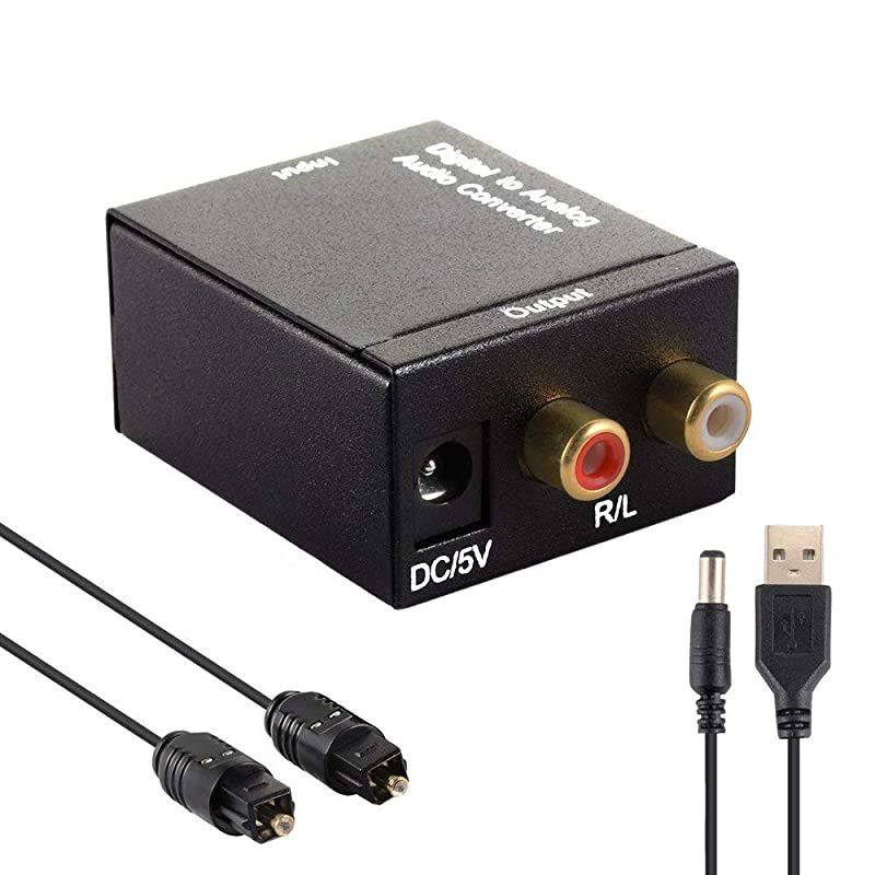 Digital Audio Converter Digital Optical Coaxial Toslink to Analog Audio Converter Stereo LR RCA Audio Adapter for HDTV DVD Bluray Home Cinema Systems PS3 Xbox X360 with Optical Cable and USB C