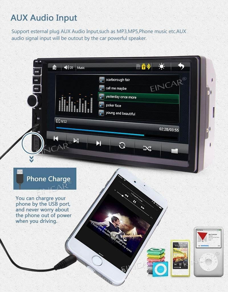 Double Din Car MP5 Player-7 inch Capacitive Touch Screen 2 din Car Radio Stereo,Compatible with Bluetooth TF USB FM MP3 Backlight Adjustment Auxiliary Input