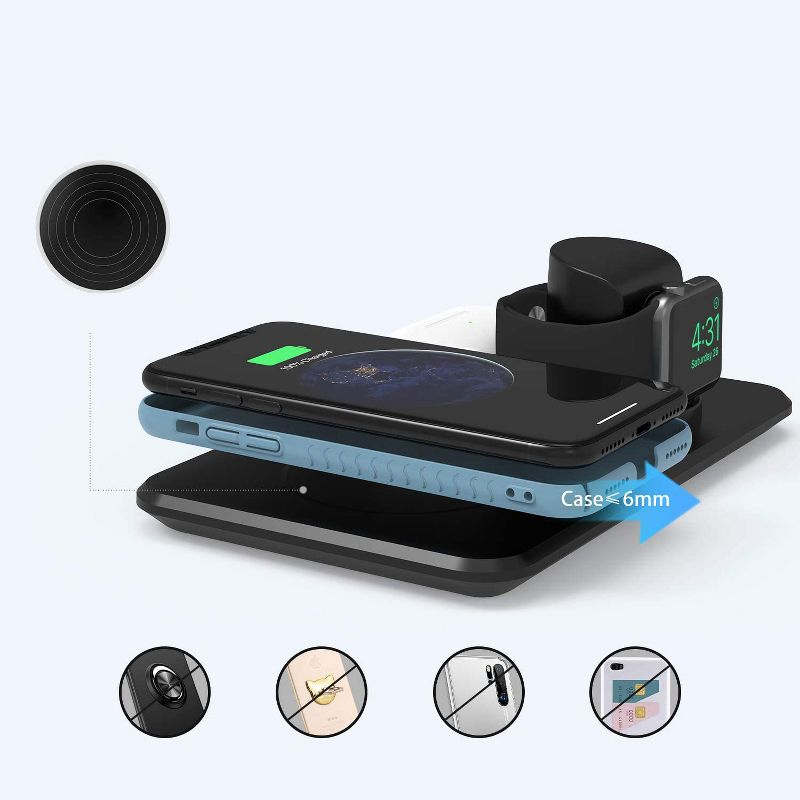 LETSCOM 3 in 1 Wireless Charger  Qi-Certified 15W Fast Charging Station for Apple Watch, AirPods2, Wireless Charging Dock Compatible with iPhone 12/11/XS Max/XR/XS/X/iWatch - W01 - Black