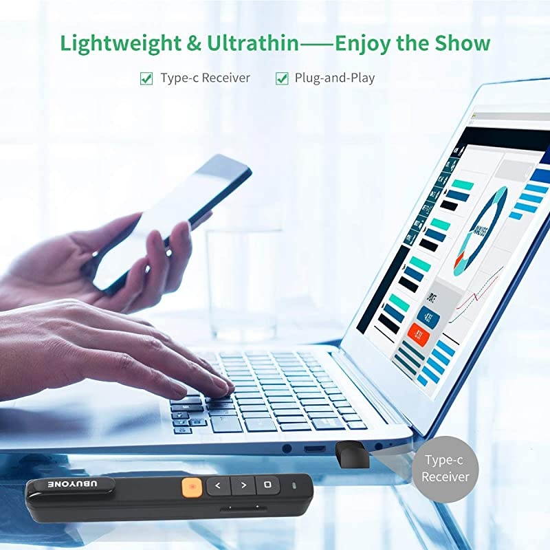 Wireless Presenter RF2.4G Hz Type-c PowerPoint Remote Control Presentation Clicker with Hyperlink &Volume Control &Type-c to USB Receiver Pointer (1 pcs Battery)