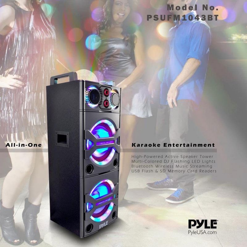 Pyle PSUFM1043BT 200 Watt Portable Outdoor Bluetooth Speaker Karaoke System with Flashing Party Lights and Wireless Microphone Included