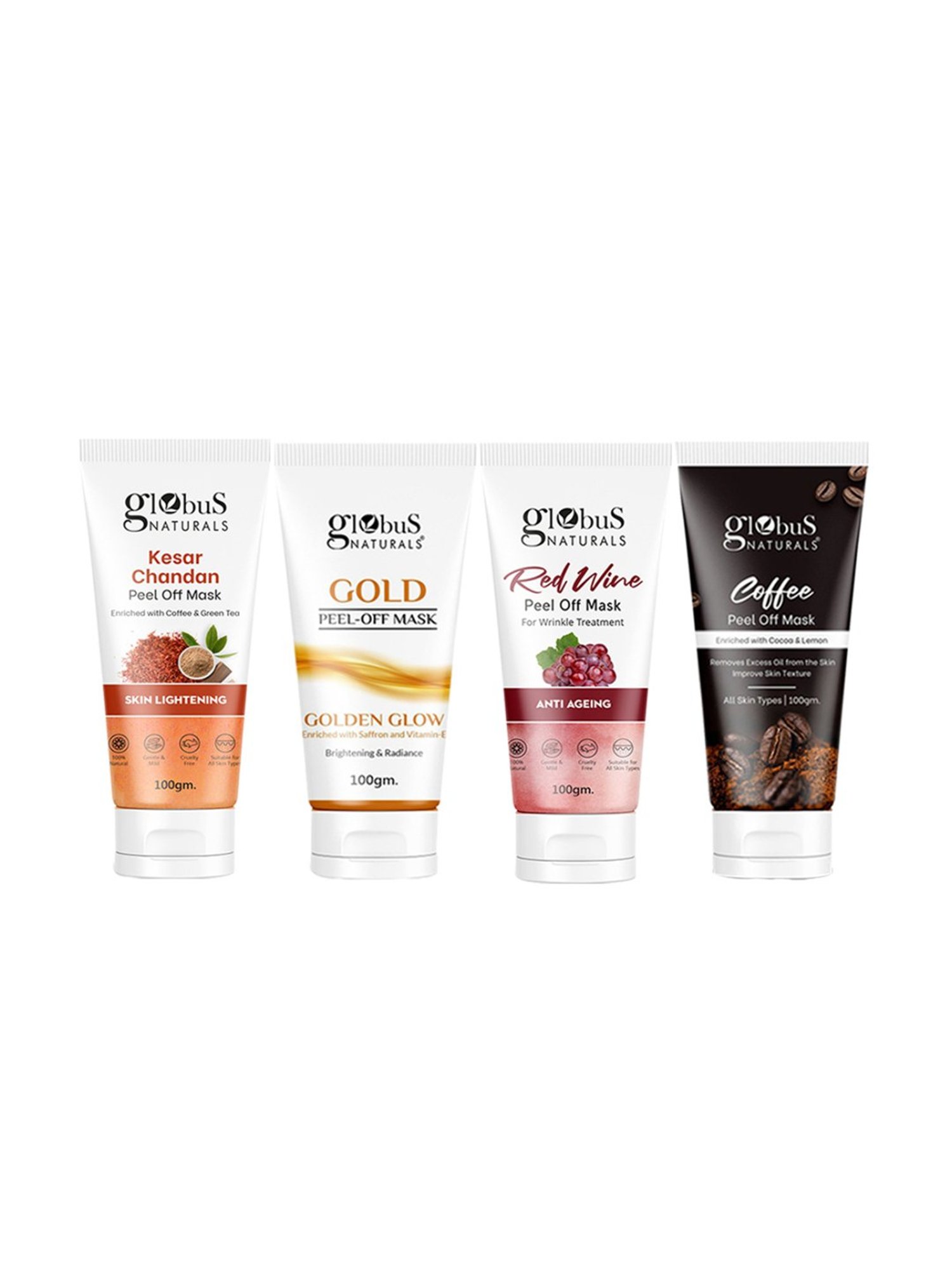 Globus Naturals Coffee, Kesar Chandan, Gold & Red Wine Peel Off Mask - Set of 4
