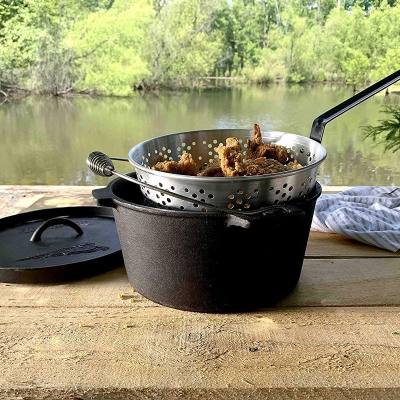 Bayou Classic 14 Quart Seasoned Cast Iron Dutch Oven Camping Cooking Pot with Aluminum Steamer Fry Basket and Raised Lip Lid, Black