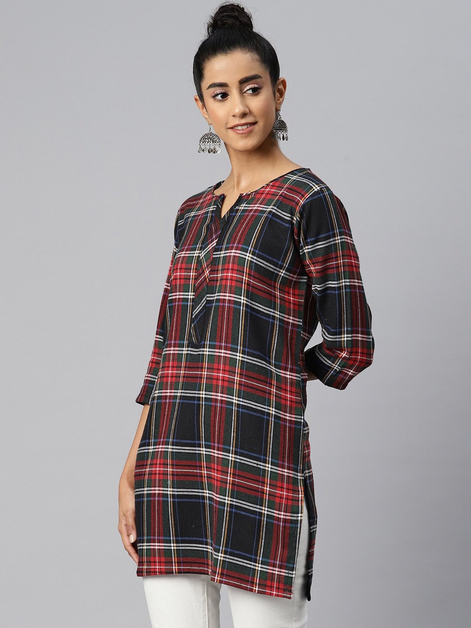 One Femme Brown & Black Check A Line Kurti