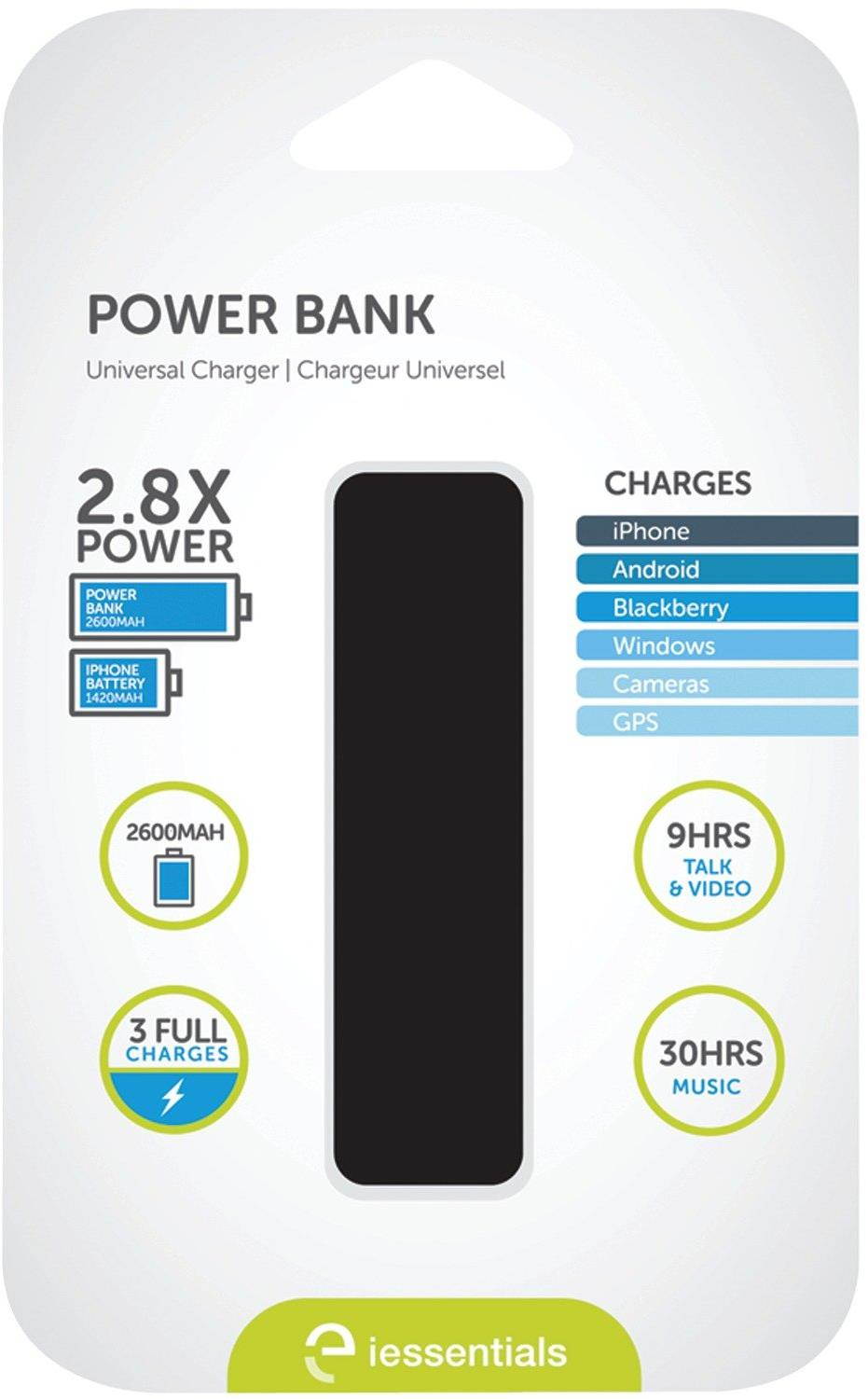 iEssentials IE-PB-BK 2600 mAh Battery Bank External Battery Pack for Smart Phones & Tablets (Black)