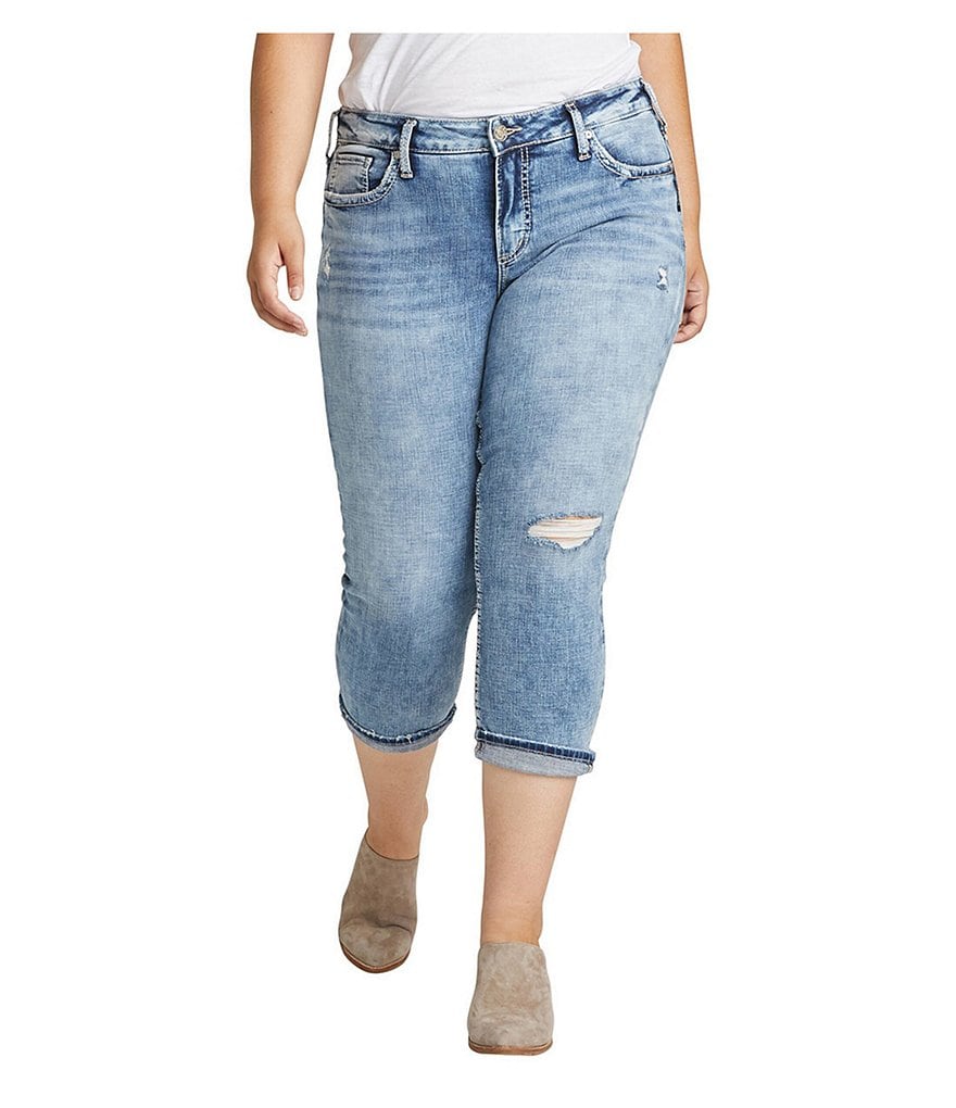 Silver Jeans Co. Plus Size Elyse Rolled Cuff Destruction Details Capri Jeans