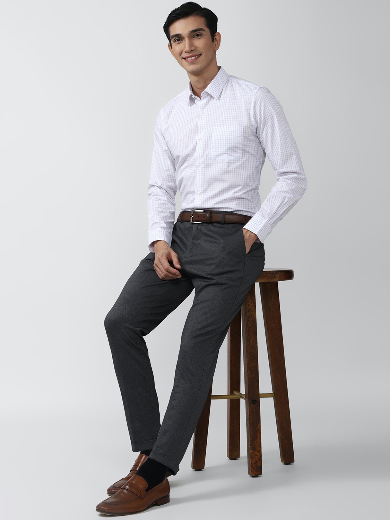 Peter England Grey Regular Fit Flat Front Trousers