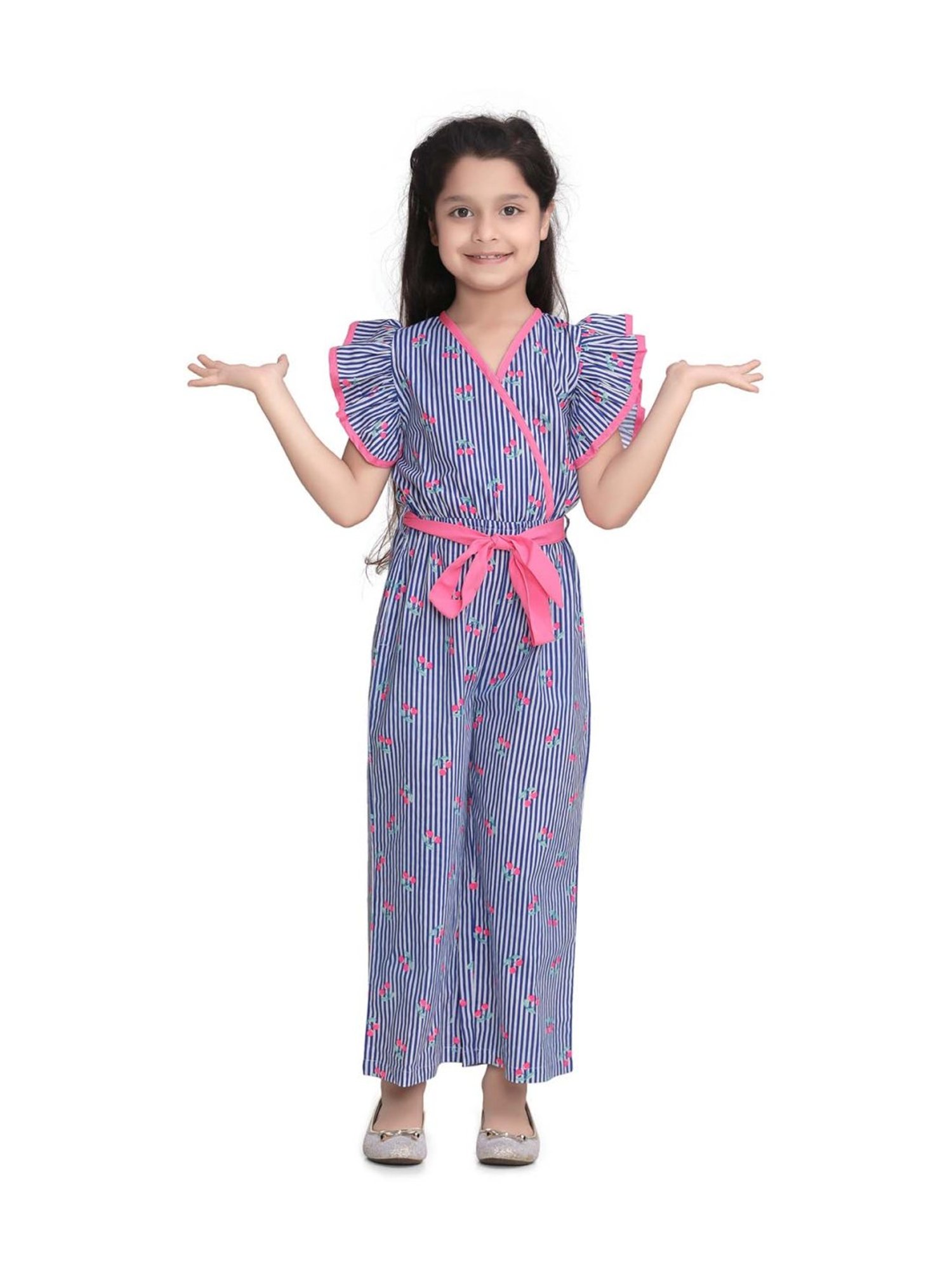 StyleStone Kids Blue Cotton Floral Print Jumpsuit