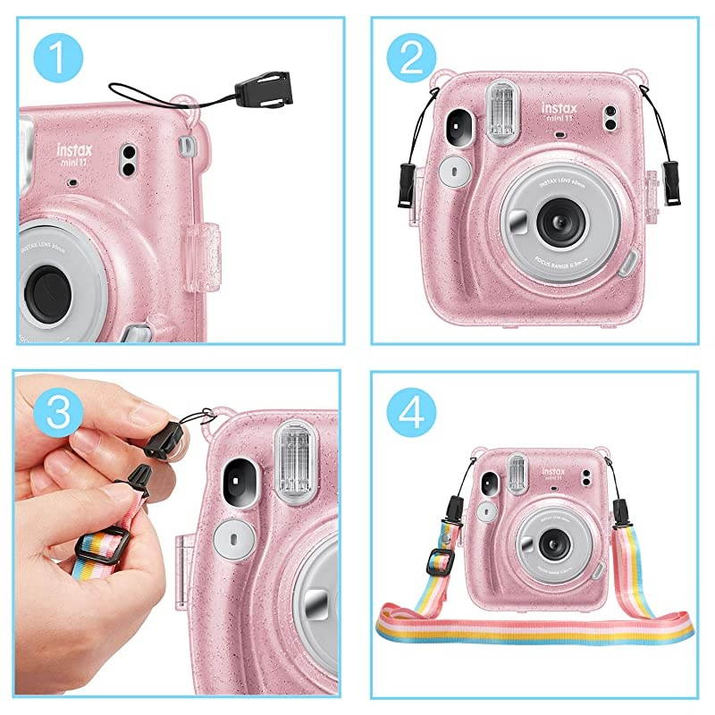 Protective Clear Case for Fujifilm Instax Mini 11 Instant Film Camera Crystal Hard PVC Cover with Removable Rainbow Shoulder Strap Glittering Pink