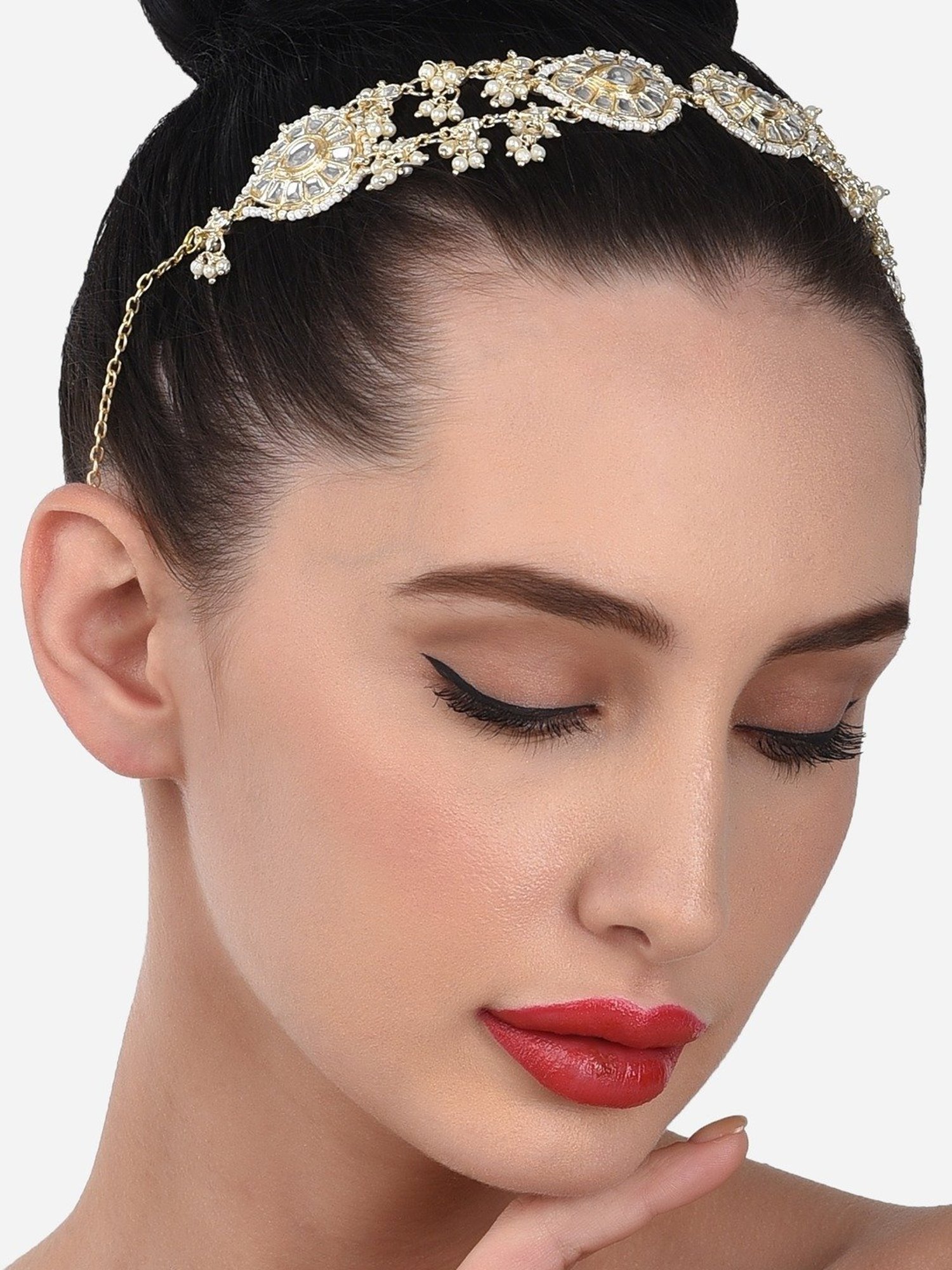 Zaveri Pearls Gold Tone Tilak Shape Kundan & Pearls Bridal Head Chain-ZPFK13068