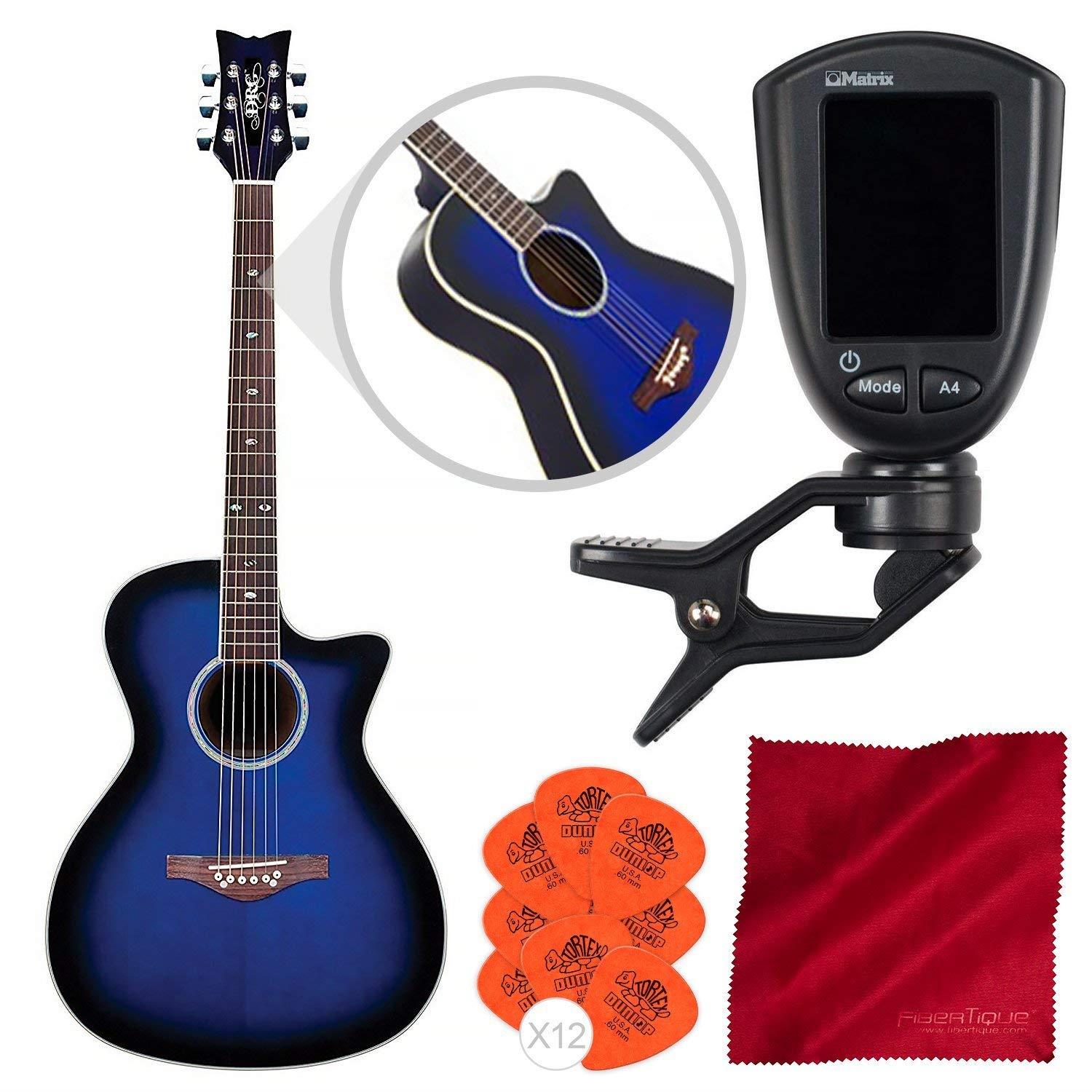 Daisy Rock Wildwood Artist Acoustic-Electric Guitar (Royal Blue Burst) with Guitar Tuner, Picks, and Cleaning Cloth