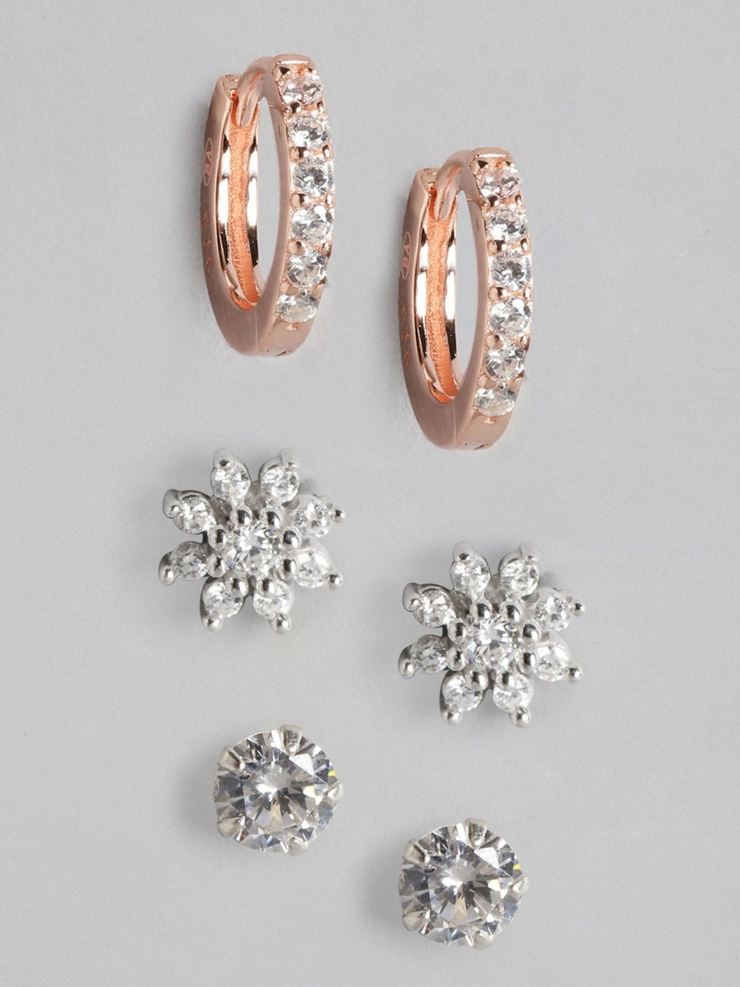 Zavya Triple-CZ 92.5 Sterling Silver Stud & Hoop - Set of 3