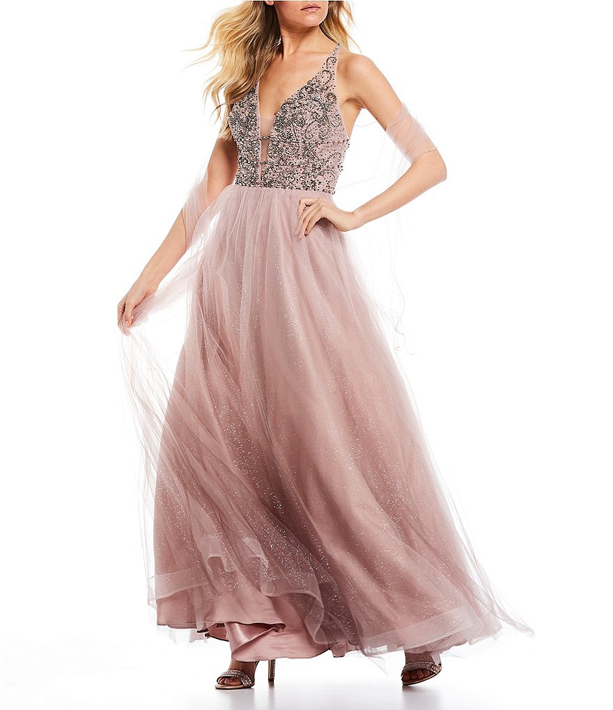 Coya Collection Spaghetti Strap Cage-Back Beaded Ombre Mesh Ball Gown