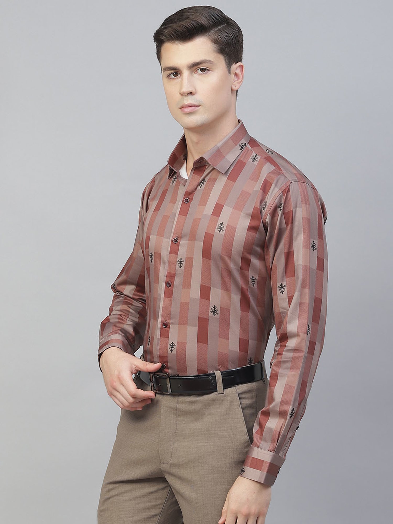 ManQ Rust Cotton Regular Fit Checks Shirt